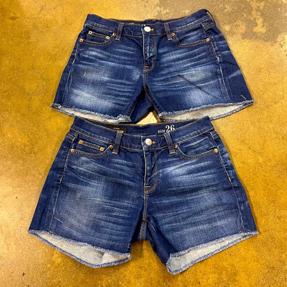 Lot of 2 J. Crew Indigo Denim Cut Off Shorts Size 26 Two Pairs Raw Hem Dark Wash